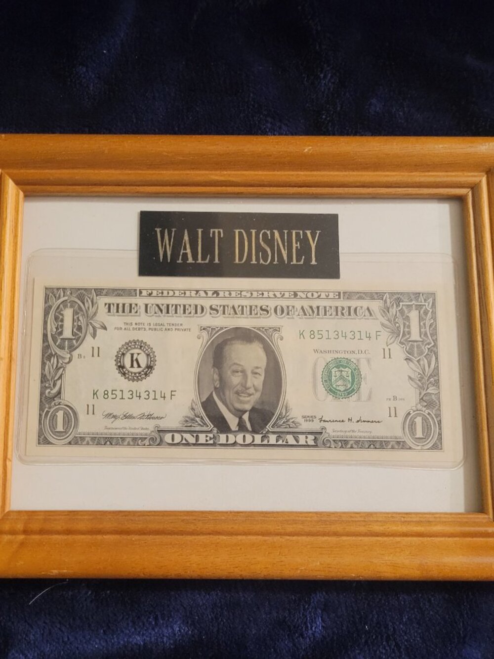 Walt Disney Novelty One-Dollar Bill in Wooden Frame, Disney Collectible Decor